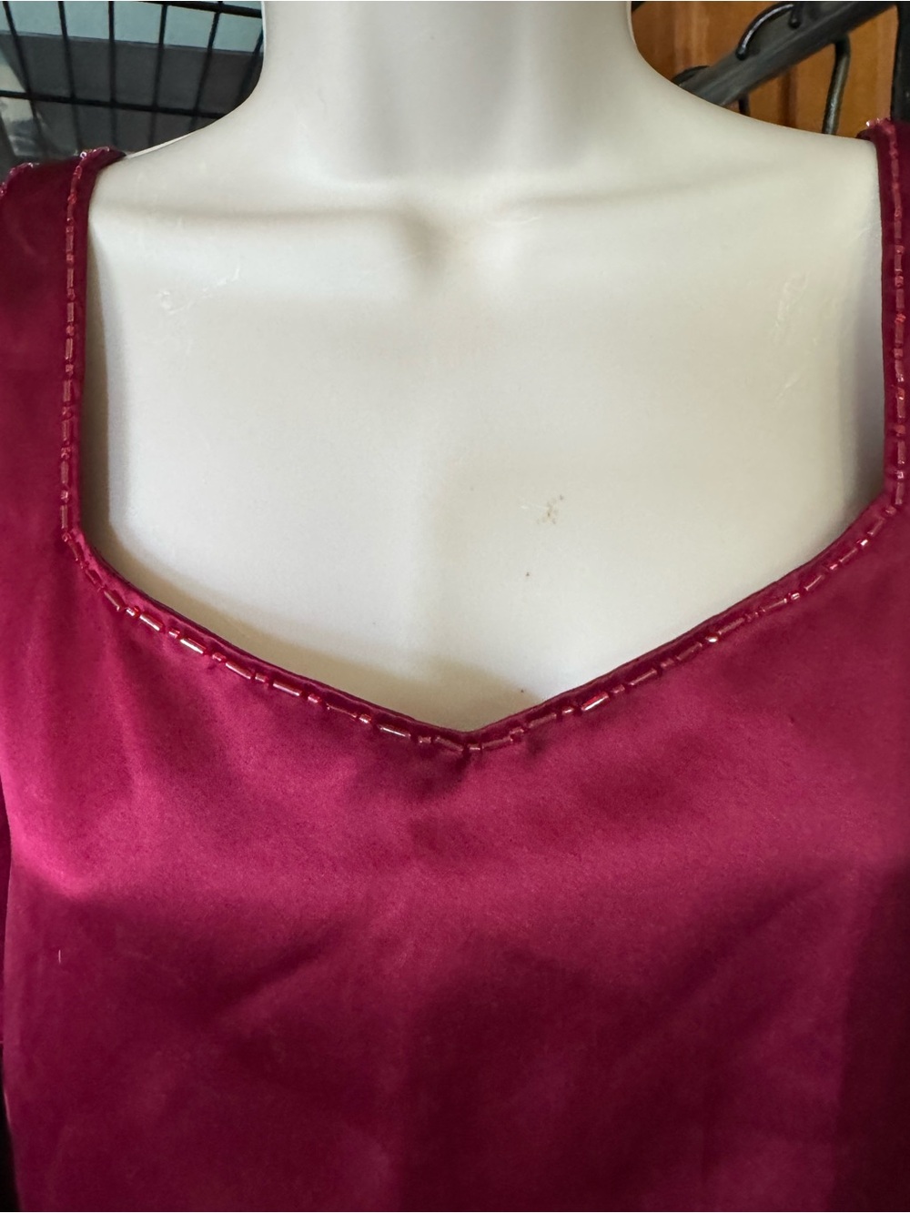 Ann Taylor Satin Silk Shaped Neck with Bugle Beads Berry Color Size 10